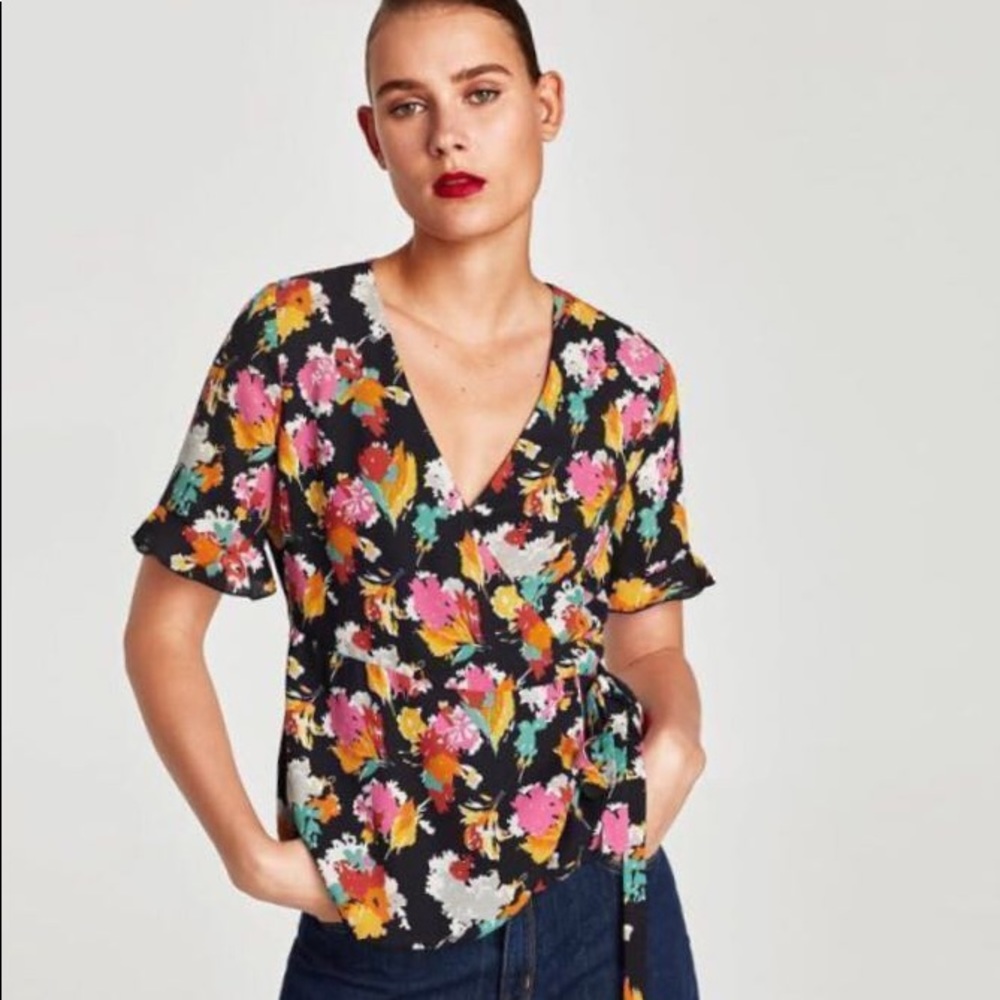 Zara Trafaluc Floral Wrap Blouse Size S